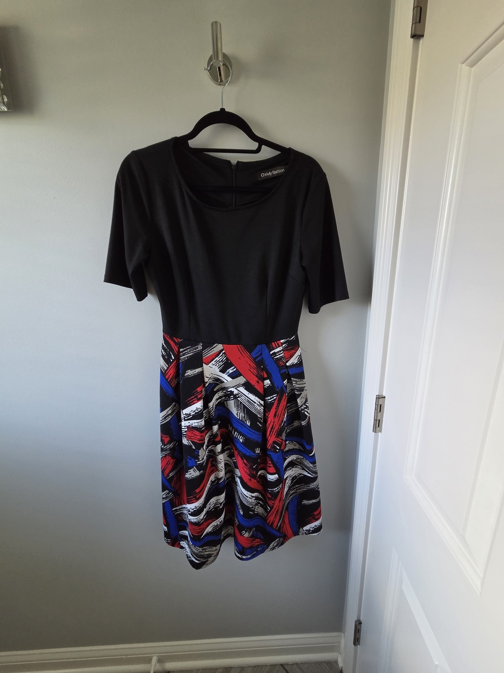 Colorblock Black Top Dress with Red, Blue & White Brushstroke Skirt